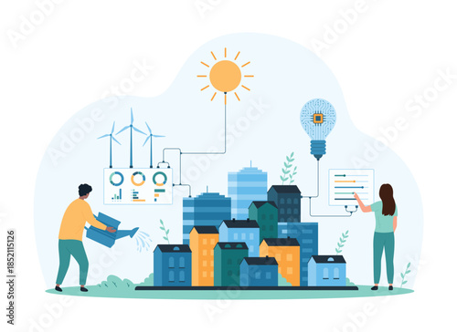 Futuristic smart city with green energy technology. Tiny people grow eco sustainable environment, control settings of digital projects for environmental protection cartoon vector illustration