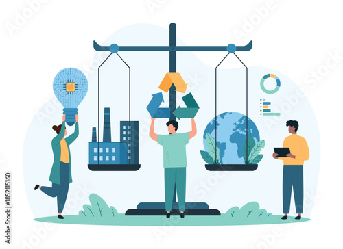 Net zero emissions, carbon dioxide CO2 neutral balance and recycling technology. Tiny people holding light bulb and recycle sign, compare pollution compensation on scales cartoon vector illustration