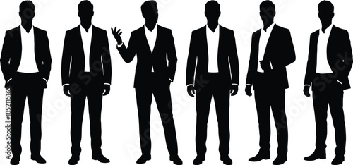 Business men silhouette set flat vector illustration professional male executives standing poses corporate leadership office branding marketing concept design identity