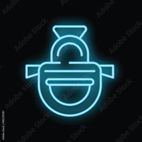 Blue neon sign icon of a padlock closing a briefcase handle glowing on a black background