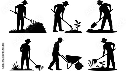 Garden Work Silhouettes Collection with Tools and Plants