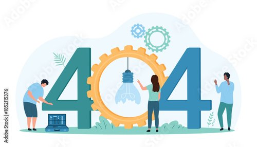404 error, page not found. Tiny people of maintenance computer service and failure message of wrong operation, characters repair broken light bulb inside gear in 404 sign cartoon vector illustration