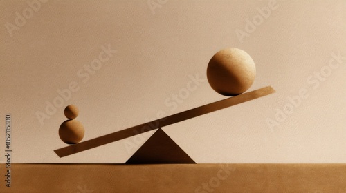 A simple see-saw in equilibrium with a large sphere on one end and a smaller sphere holding another ball on the other,