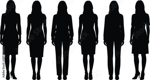 Business women silhouette set flat vector illustration professional female figures standing poses corporate leadership teamwork office concept design branding marketing