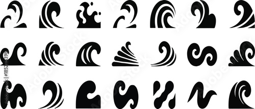 Collection of Black Wave Icons Vector Graphics Set for Ocean Surfing and Water Themes