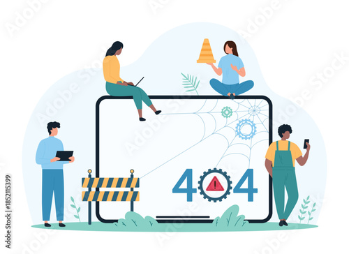 404 error, page not found. Tiny people from technical support work with warning web server message and cobwebs with gear on tablet screen, holding construction barrier cartoon vector illustration