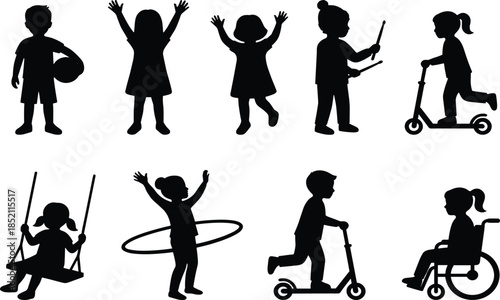 Children silhouette activity set flat vector illustration kids playing sports swing scooter hoop wheelchair inclusive childhood fun outdoor lifestyle design