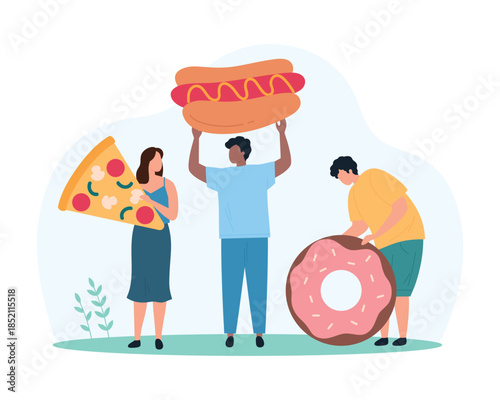 Fast food eating, street food market or foodie festival. Tiny people carry giant donut, hotdog with mustard and slice of pizza, characters hold different snacks to eat cartoon vector illustration