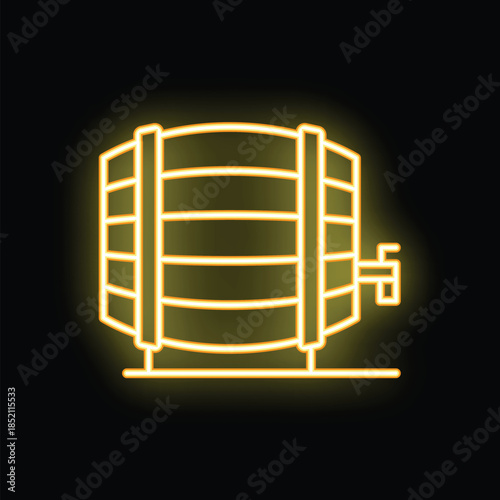 Neon yellow icon of a wooden barrel with tap glowing on black background