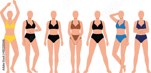 Diverse female body types in bikini swimwear collection confident women poses summer fashion flat vector illustration isolated white background set