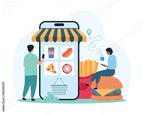 Order fast food in mobile app of restaurant or cafe, ecommerce. Tiny people choose food or drink category from interface menu, man and woman buy snacks with huge phone cartoon vector illustration