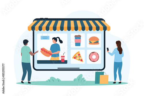 Order fast food in mobile app. Girl on tablet screen selling hot dog with mustard to tiny customer, people choose category of product for purchase with smartphone cartoon vector illustration