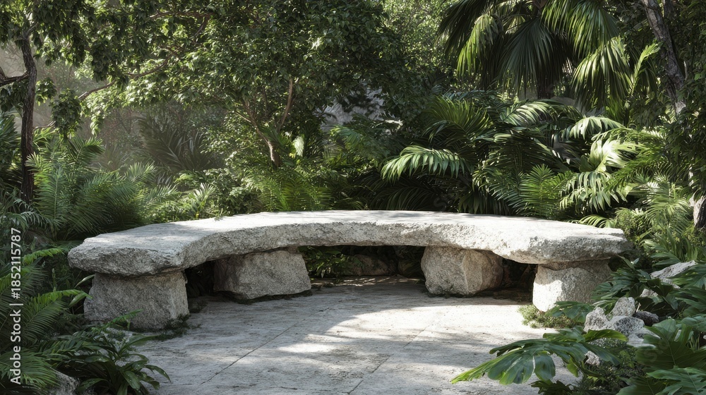 Fototapeta premium curved stone bench in lush garden setting landscaping outdoor furniture