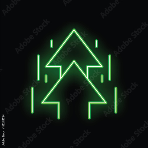 Green neon double arrow pointing up on black background representing growth and success