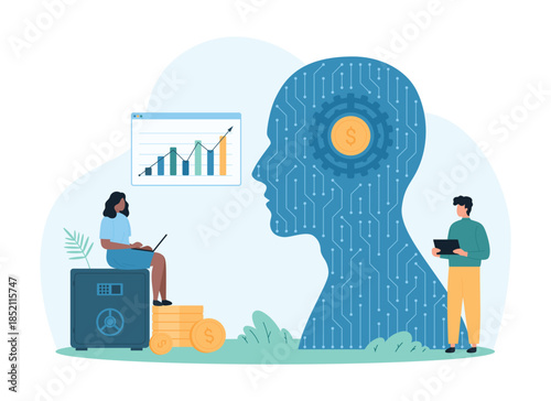 Stock market analytics, forex data analysis with AI. Tiny people work with artificial intelligence in team, analyze financial chart with bot and program help online cartoon vector illustration