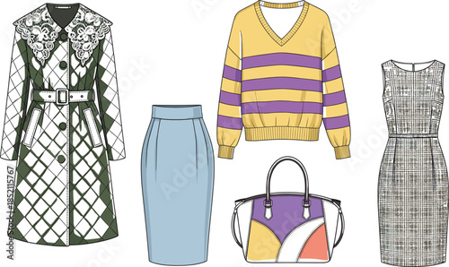 Professional womens clothing set featuring quilted green trench coat yellow striped sweater light blue pencil skirt textured midi dress and colorful handbag.