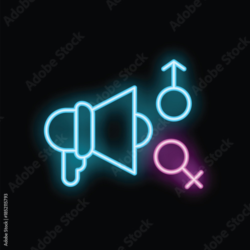 Neon megaphone making an announcement for both male and female genders, advocating for equality and inclusivity