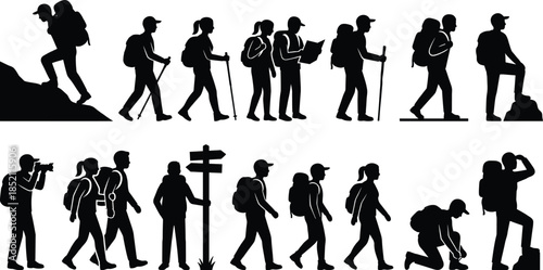 Hiking people silhouette set flat vector illustration backpackers trekking walking climbing adventure outdoor travel exploration camping lifestyle concept
