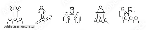 Leadership and Team Management Icon Set, Business Leadership, Career Growth, Public Speaking, Employee Motivation and Strategic Direction Concept, Vector Illustration