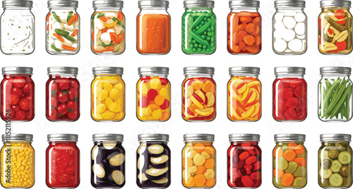 Large vector set of preserved food in glass jars including pickled tomatoes cucumbers peppers peas carrots and various vegetable preserves isolated on white.