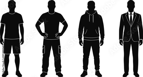 Male clothing silhouettes showing casual sportswear hoodie workwear and formal business suit outfits isolated black vector illustration set collection design