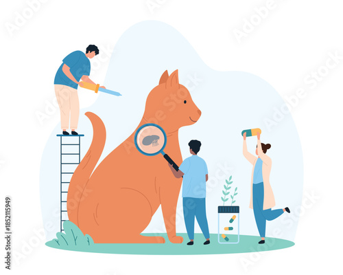 Diagnosis and treatment of fleas in animal fur. Tiny people with magnifying glass check sick cats for fleas, doctor using drops and pills to treat parasitic infestations cartoon vector illustration