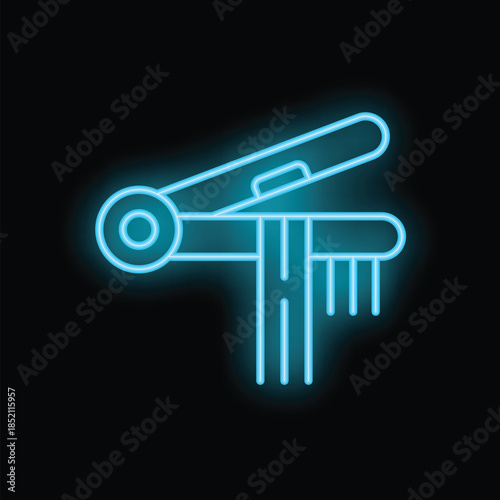 Bright blue neon icon of a hair straightener straightening hair, on a black background