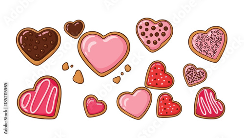 Heart-shaped cookies in various colors and patterns for Valentines Day  