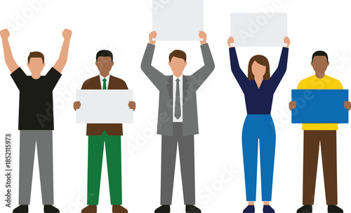 People holding blank protest signs diverse group demonstration social activism human rights unity freedom flat vector illustration isolated white background