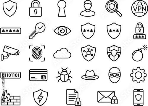 Cyber security line icons set for data protection privacy authentication firewall network safety ui design