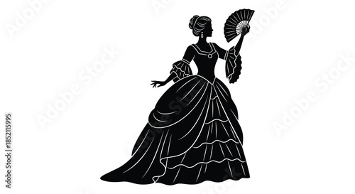 Elegant woman in a vintage dress holding a fan a striking black silhouette