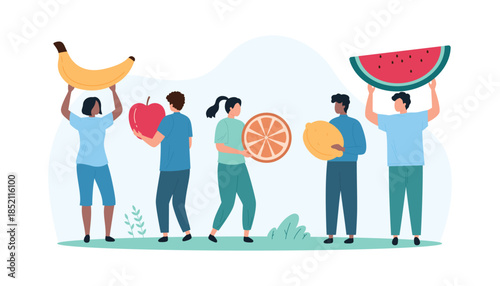 People holding healthy fruit set. Tiny male and female characters carry whole big cute fresh banana, lemon and apple, hold slices of vitamin juicy orange and watermelon cartoon vector illustration