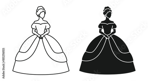 Two elegant women in vintage dresses a detailed illustration in black and white silhouette