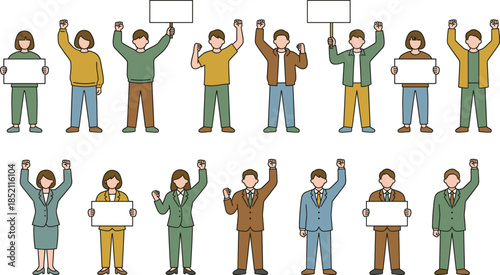 People protesting with raised fists and blank signs diverse men women crowd demonstration activism unity freedom flat vector illustration