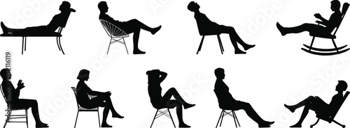People sitting silhouette collection relaxing poses men women on chairs furniture leisure lifestyle flat vector illustration set isolated white background
