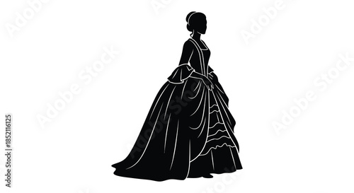 Elegant woman in a historical gown detailed dress striking black and white silhouette