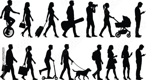 People walking silhouette collection daily life activities men women urban lifestyle vector illustration isolated white background modern crowd motion concept
