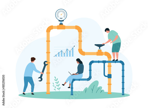 Natural gas pipeline system inspection. Tiny people control gas flow with infographic charts, workers check safety of pipe and valve for leaks with repair equipment cartoon vector illustration