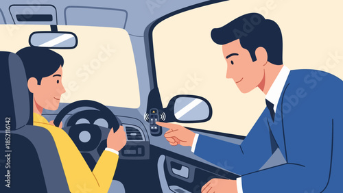 Businessman giving car keys to colleague in modern vehicle