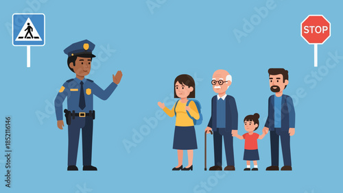 Police officer helping family cross the street safely