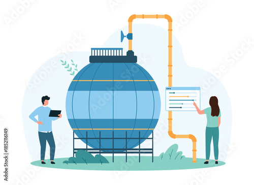 Natural gas storage tank inspection on gas station, energy production. Tiny people control safety of container system with pipes and valve, manage equipment settings cartoon vector illustration