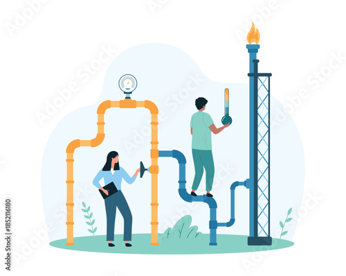 Industrial gas engineering, pipeline system inspection on safety of pressure and temperature. Tiny people check with thermometer tower of fire, pipe and valve for leaks cartoon vector illustration