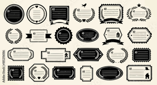 Collection of vintage and classic decorative frames and labels with ornate designs and empty spaces for text
