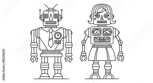 Two robots with different features standing side by side, one with a tie and the other with a headset, in a simple line art style
