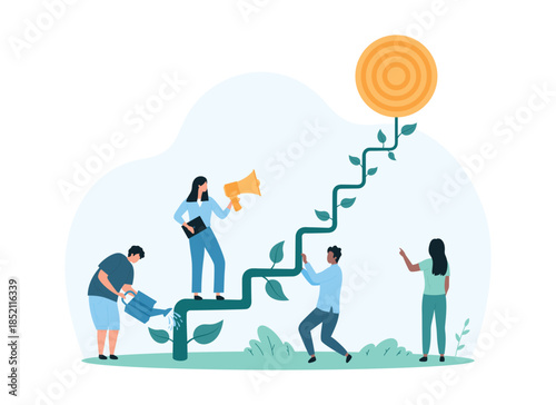 Mentor support and assistance in career development, leadership and employment. Tiny people grow steps of career path from plants, man watering ladder stairs to climb cartoon vector illustration