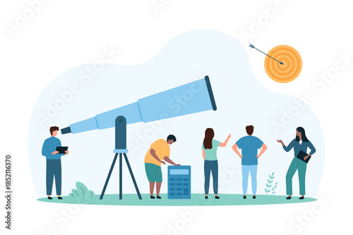 Vision for future business growth, search success opportunity for goal progress. Tiny people look through big telescope at target with arrow for financial forecast cartoon vector illustration
