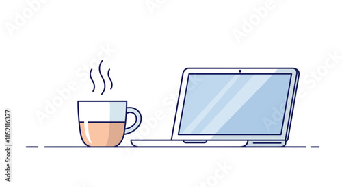 Modern workspace with steaming cup of coffee and laptop computer