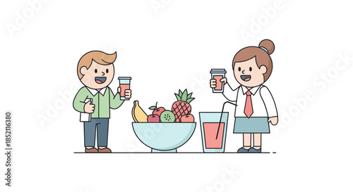 Happy business colleagues enjoying fresh fruit and juice together