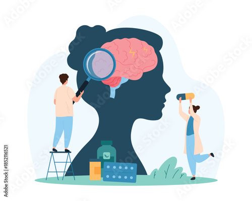Diagnosis and treatment of headache, hospital examination of patients brain disease in neurology. Tiny people with magnifying glass research huge brain inside human head cartoon vector illustration