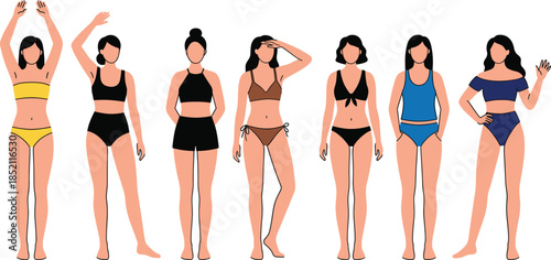 Women body types in swimwear bikini collection diverse female figures summer fashion flat vector illustration isolated white background design set
